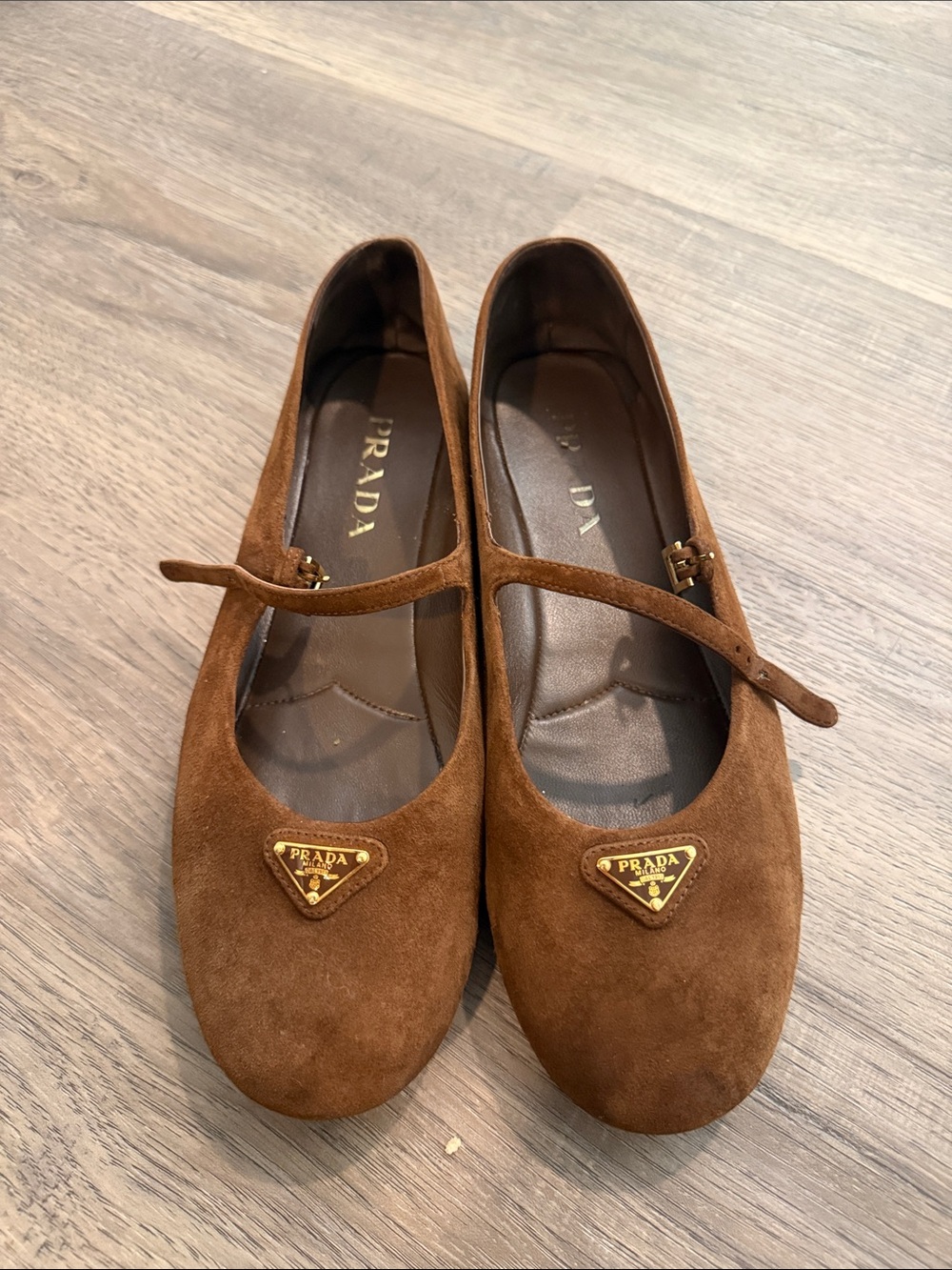 Prada Brown Suede Mary Jane Ballet Flats with Gold Logo